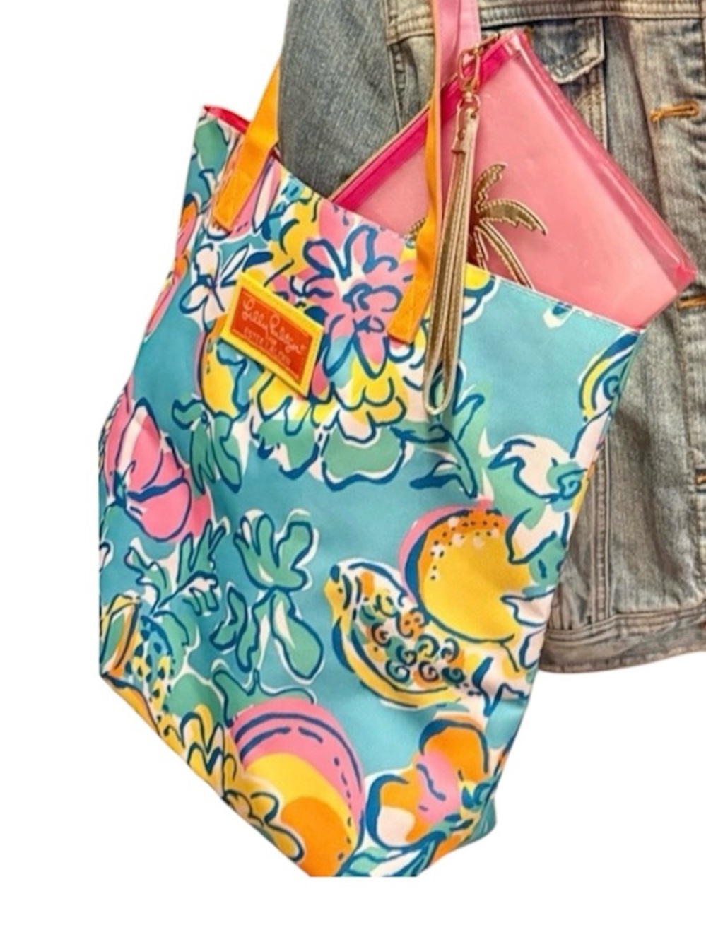Lilly Pulitzer Floral Tote + LP Clear Wristlet w Palm NWOT Travel Ready SET 🏝️💖